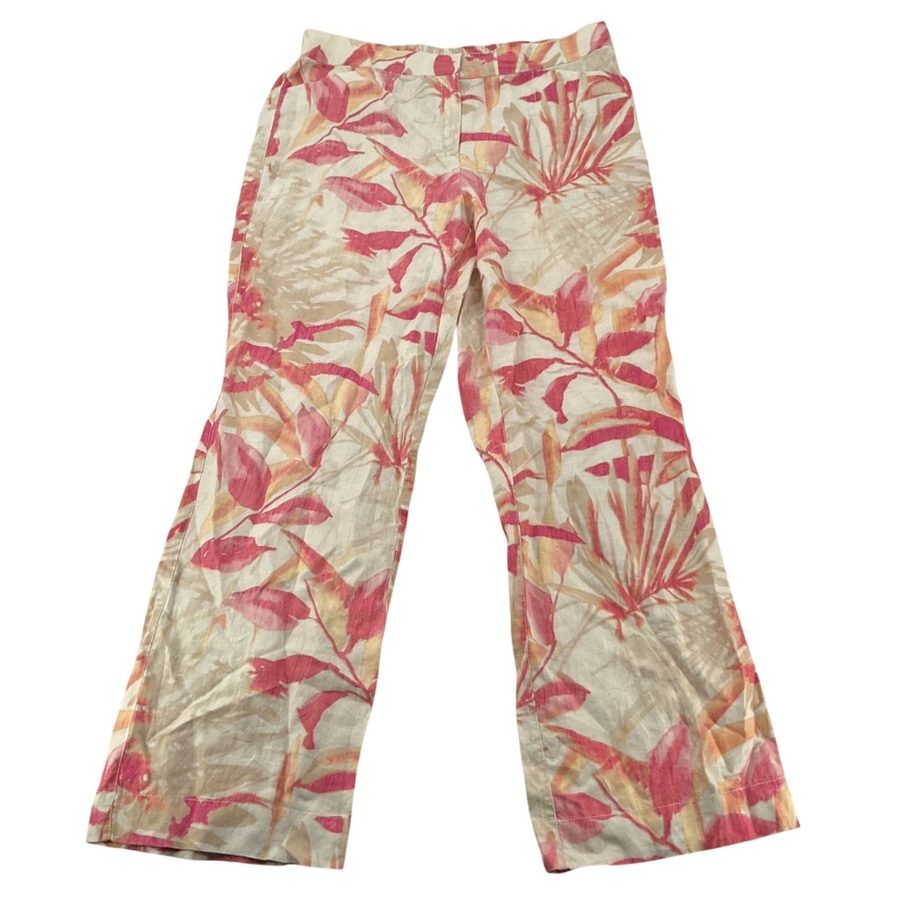 Vintage Chicos Tropical Leaf Print Linen Wide Leg Pants Wms 2.5 (14)Tall Pink